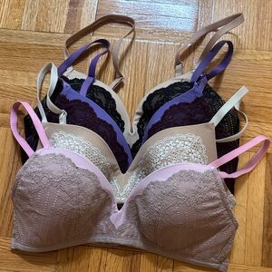 32B Lace Trimmed Wireless Bra Set - Pink, Black, Purple, Tan